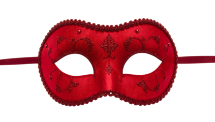 Elegant red venetian masquerade mask isolated on the transparent background with ornate detailing and ribbon ties