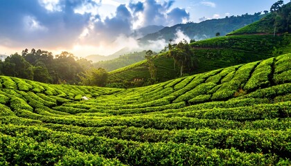 Lush, rolling green hills blanketed in tea, misty skies above