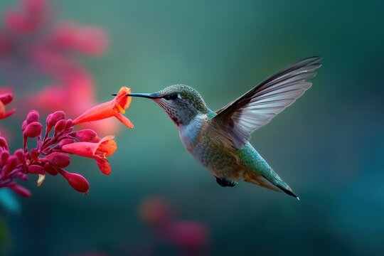 Vibrant Hummingbird Hovering, Nectaring from Red Flowers, Blurry Green Background. - Powered by Adobe