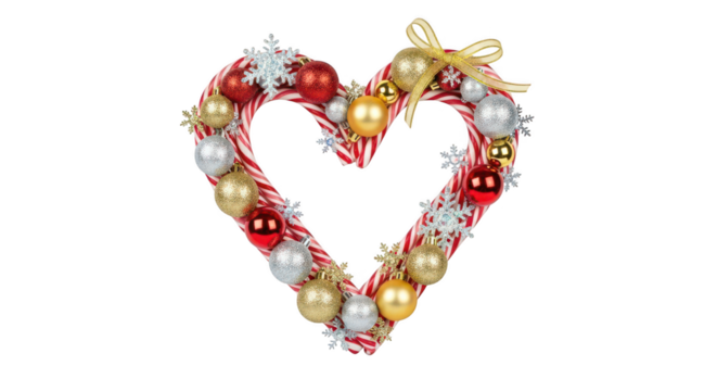 Heart shaped christmas wreath made of candy cane and bauble isolated on transparent background