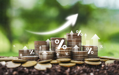 Coins and green background. Environmental tax data report analysis. Annual tax deduction planning concept. Financial and tax system.
