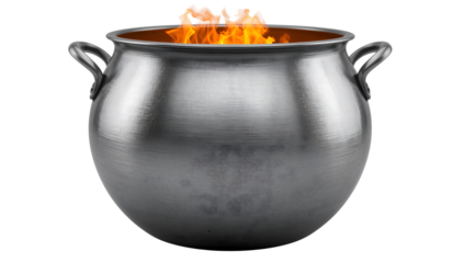 Large metal cauldron with fire inside isolated on the transparent background  hot burning pot for cooking, witchcraft, camping, or medieval themes