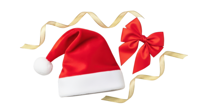 Red santa hat and bow with gold ribbon isolated on transparent background