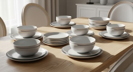 Elegant white ceramic dinnerware sets with plates and bowls neatly arranged on a light wooden dining table in a modern home.