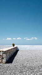 Fototapeta premium Stark landscape with stone wall and small plant under clear blue sky in coastal area
