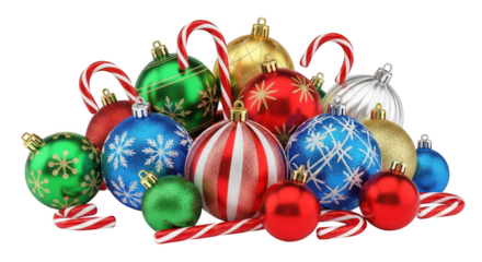 Pile of colorful christmas ornament baubles and candy cane isolated on transparent background