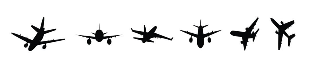 Set of airplane silhouette icons simple flat vector design elements for travel and transportation isolated on white background. Flat design air plane silhouette  vector illustration.