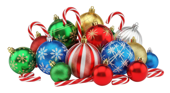 Pile of colorful christmas ornament baubles and candy cane isolated on transparent background