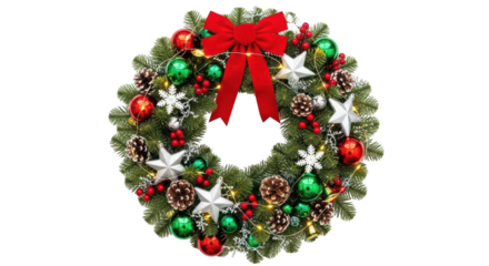 Christmas wreath with red bow, ornaments, and pinecone isolated on transparent background