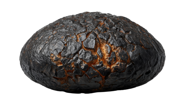 Overcooked burnt bread loaf with charred crust on isolated the transparent background, closeup of dark cracked bakery food mishap