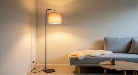 A modern floor lamp illuminates a living room with a sofa and coffee table.