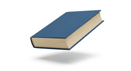 A blue hardcover book floats above a white surface, casting a shadow.