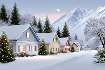Obraz premium Cozy Christmas village homes in snowy winter mountains