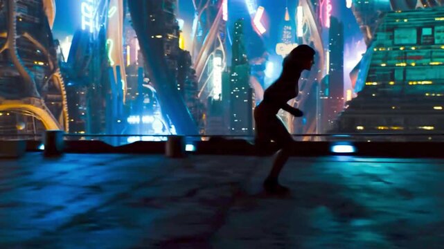 city runner silhouette running woman urban night tower building