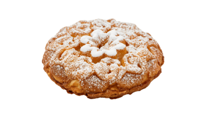 Traditional rosette cookie dusting with powdered sugar isolated on the transparent background, crispy festive scandinavian dessert treat