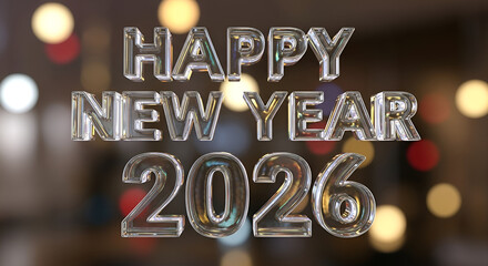 A festive greeting card design featuring Happy New Year 2026 text in a shiny 3D glass font on a blurry bokeh lights background
