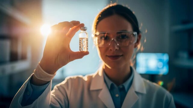 Woman scientist looks at sample vial. Research and development in modern laboratory for technological advancements.