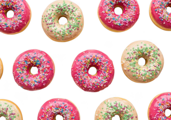 Assorted colorful donuts with sprinkles isolated on transparent background