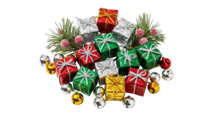 Pile of small colorful christmas gift boxes with festive decoration isolated on transparent background