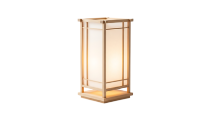 Traditional japanese style wooden table lamp with shoji paper shade, illuminated and isolated on transparent background