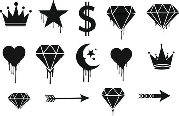 Collection of isolated black drip icons including crown, star, dollar sign, diamond, heart, moon, and arrow, perfect for graphic design and creative projects symbolizing wealth, royalty, love, and dir