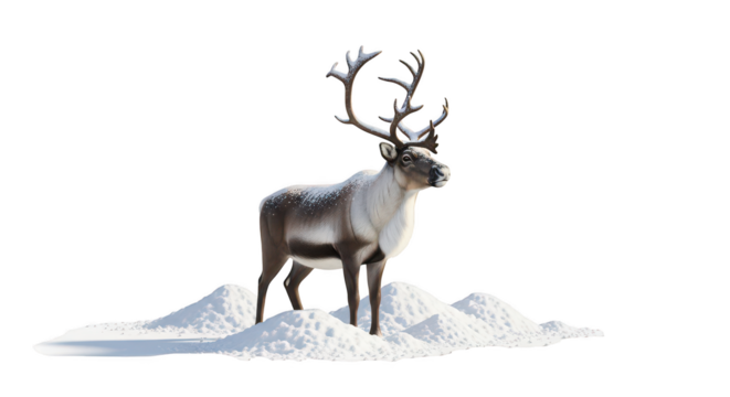 A reindeer with large antlers standing on snow isolated on transparent background