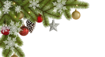 Christmas tree corner decoration with ornament and pinecone isolated on transparent background