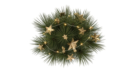 Obraz premium Top view of green pine wreath decorated with gold star ornament lights isolated on transparent background