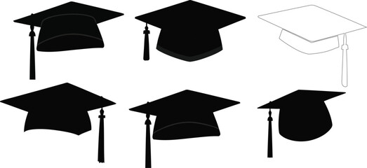 A collection of graduation caps, or mortarboards, in various styles and positions, representing academic achievement, education, and the completion of studies. one cap is outlined in white.