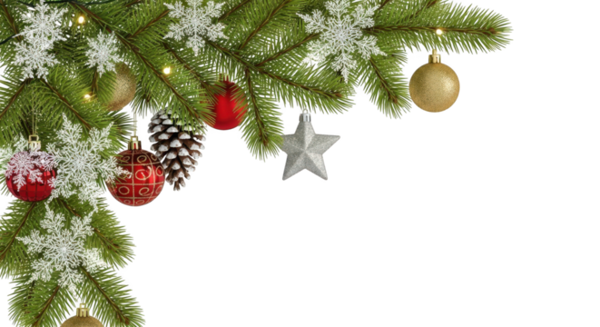 Christmas tree corner decoration with ornament and pinecone isolated on transparent background