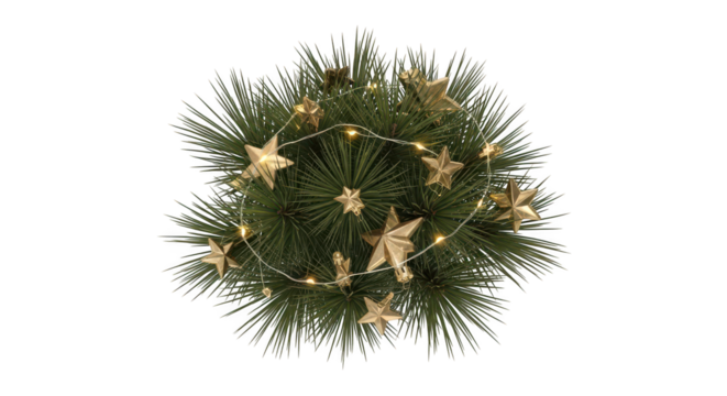 Top view of green pine wreath decorated with gold star ornament lights isolated on transparent background - Powered by Adobe
