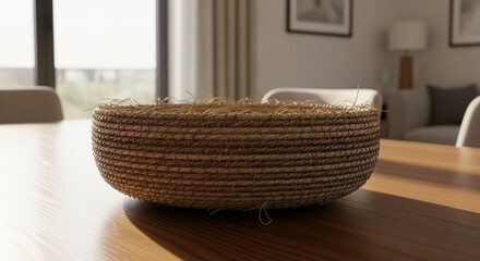 A close-up of a woven natural fiber basket sitting on a wooden table in a brightly lit, modern dining room.