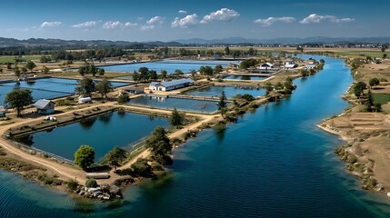 Modern fish farm design in rural environment high resolution picture