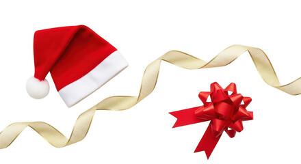Santa hat, red bow, and gold ribbon isolated on transparent background