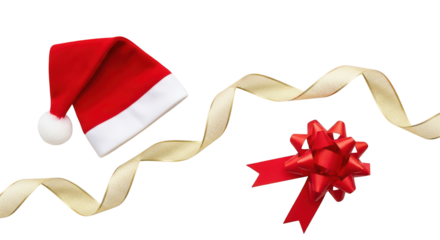 Santa hat, red bow, and gold ribbon isolated on transparent background