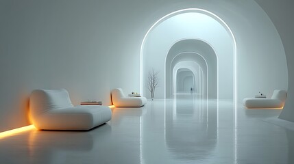 Modern futuristic hallway with glowing white symmetry high resolution picture