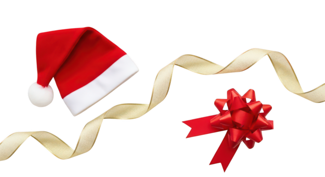 Santa hat, red bow, and gold ribbon isolated on transparent background - Powered by Adobe