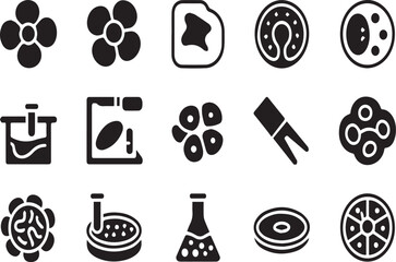 Collection of black science and biology icons on white background cell molecule