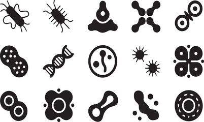 Collection of black and white abstract biological cell and microbe icons bacteria virus