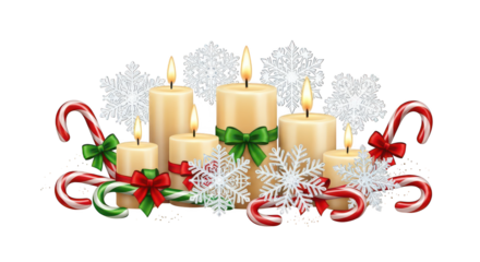 Group of lit christmas candles with candy canes and snow isolated on transparent background