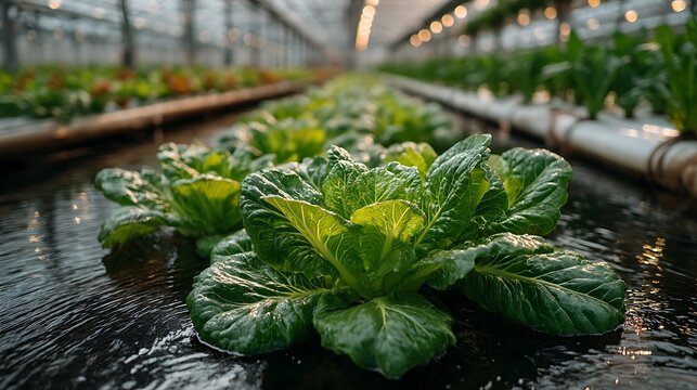 Modern greenhouse with hydroponic lettuce farming setup high resolution picture