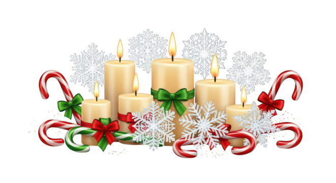 Group of lit christmas candles with candy canes and snow isolated on transparent background