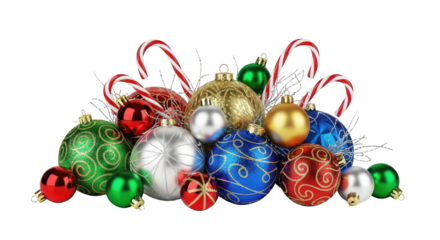 Assortment of colorful christmas ornaments and candy canes isolated on transparent background