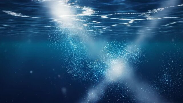 Serene deep water abstract background with light blue particles and white caustic wave patterns gently drifting across the surface tranquility, conceptual art, light blue particles