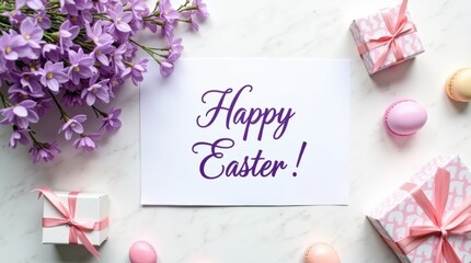 Happy easter greeting card with flowers and gifts on a white background