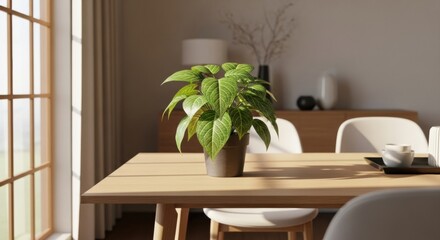 A vibrant indoor scene featuring a wooden table with a potted plant, bathed in natural light.