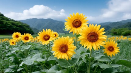 Obraz premium Sunflowers growing in field with mountains and blue sky