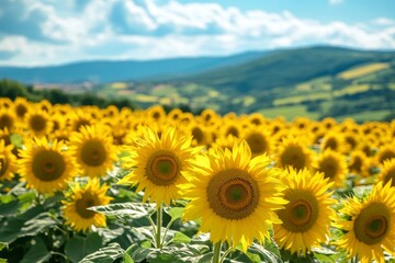 Fototapeta premium Sunflower field blooming under summer sky mountains
