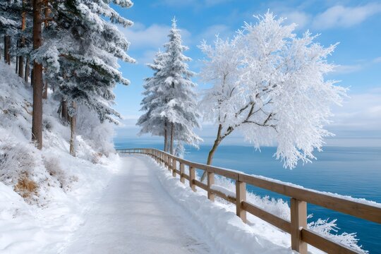Winter pathway leading along snowy coastline with sea view
