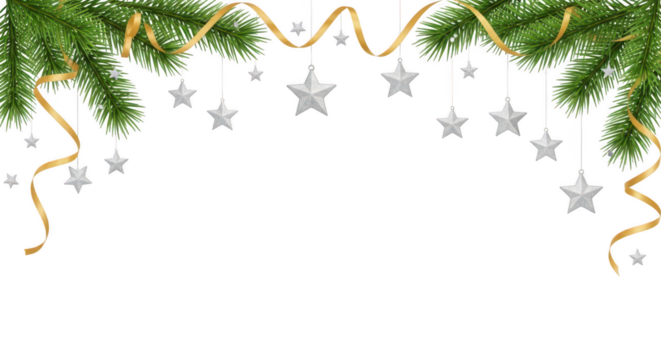 Christmas fir branch border with hanging silver star ornament isolated on transparent background